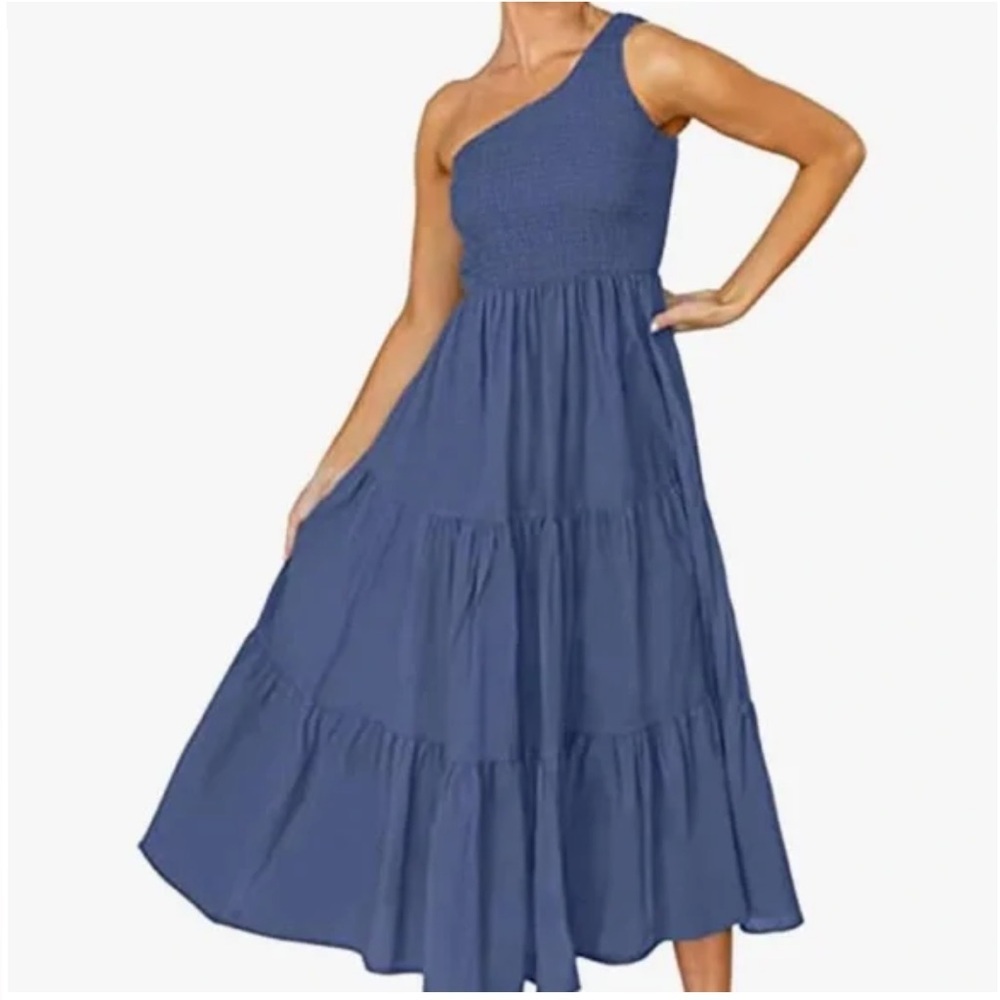 Merokeety nwt blue one shoulder tiered midi dress